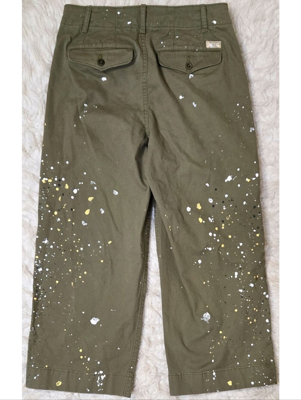 Polo Ralph Lauren Cropped Pants Green Chino Paint Splatter Wide Leg High Waisted - Picture 3 of 5